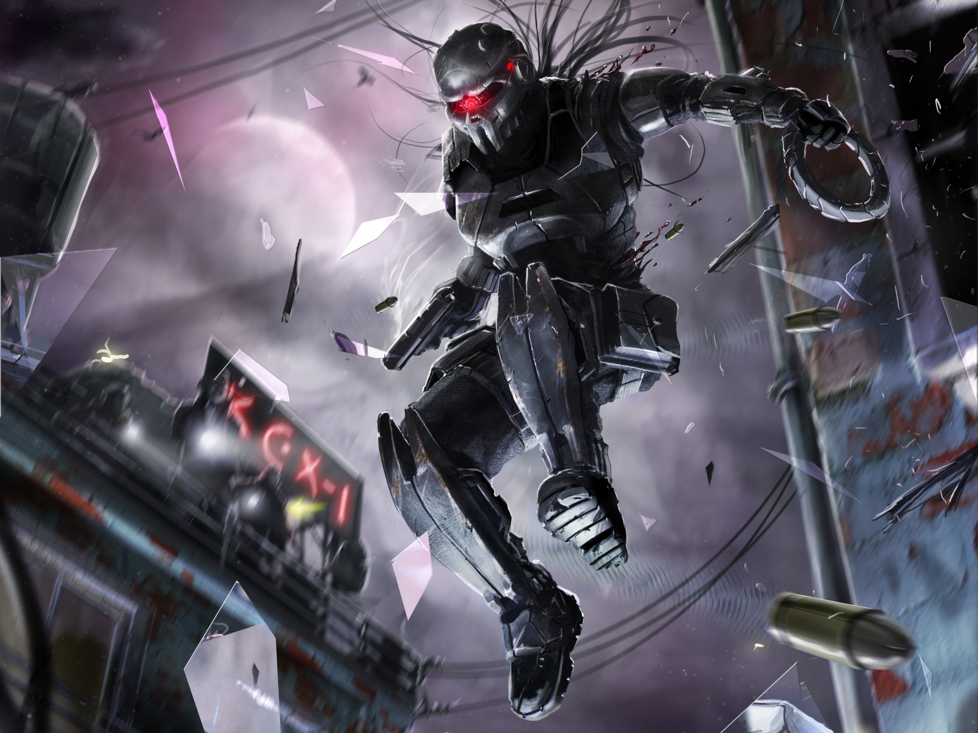 A sci-fi warrior in advanced armor with glowing red eyes leaps through a shattered cityscape, captured in striking 4K Ultra HD detail for a PC desktop wallpaper.