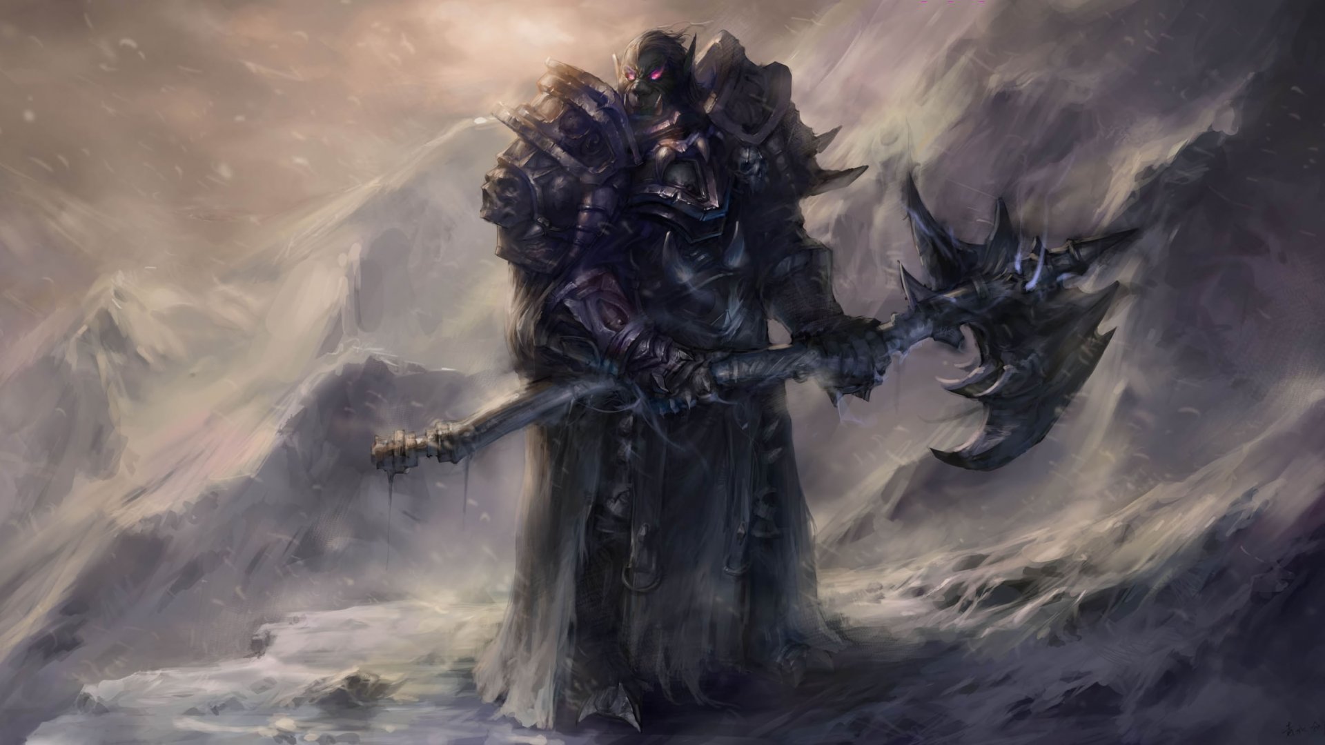 A dramatic HD wallpaper from World of Warcraft, featuring a powerful character in dark armor wielding a massive axe against a mystical, snowy backdrop.