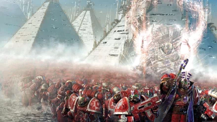 A dynamic Warhammer HD PC desktop wallpaper featuring a massive army of red-armored soldiers advancing towards imposing pyramids, set against a vibrant, atmospheric background.