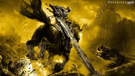 HD PC desktop wallpaper of a yellow-toned Darksiders scene featuring a warrior wielding a sword atop a horse amidst a dark, apocalyptic landscape.