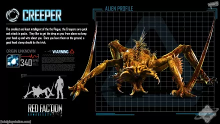 HD PC desktop wallpaper: Creeper (Red Faction) alien creature from Red Faction: Armageddon — spiky, multi‑legged insectoid posed over a HUD grid background.