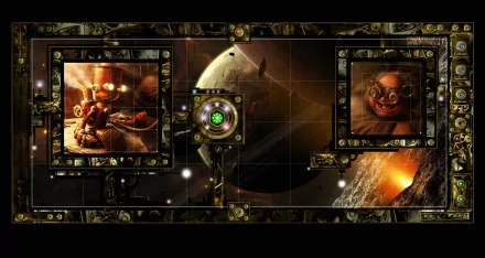 Artistic sci-fi HD PC desktop wallpaper and background: steampunk robotic creatures in ornate mechanical frames set against a looming planet and asteroid-strewn space vista.