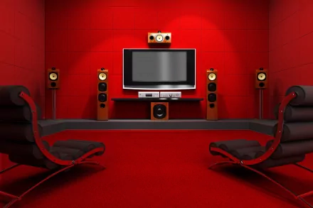 A red-themed home theater showcasing sleek speakers, a flat-screen TV, and modern chairs, creating a vibrant and immersive entertainment space. 4K Ultra HD desktop wallpaper.