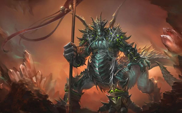 A dark, menacing monster stands confidently, wielding a spear amidst a dramatic backdrop of jagged crystals and ominous lighting, creating an intense HD desktop wallpaper.