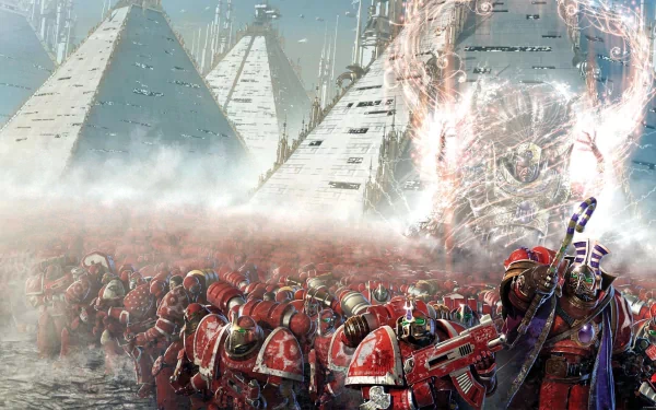 A dynamic Warhammer HD PC desktop wallpaper featuring a massive army of red-armored soldiers advancing towards imposing pyramids, set against a vibrant, atmospheric background.
