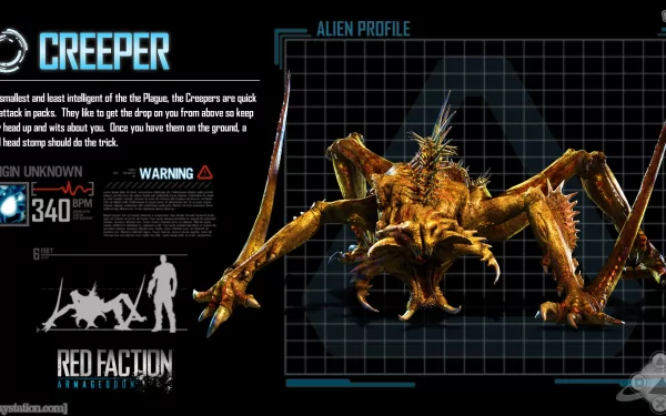 HD PC desktop wallpaper: Creeper (Red Faction) alien creature from Red Faction: Armageddon — spiky, multi‑legged insectoid posed over a HUD grid background.