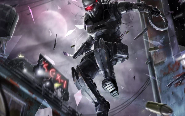 A sci-fi warrior in advanced armor with glowing red eyes leaps through a shattered cityscape, captured in striking 4K Ultra HD detail for a PC desktop wallpaper.