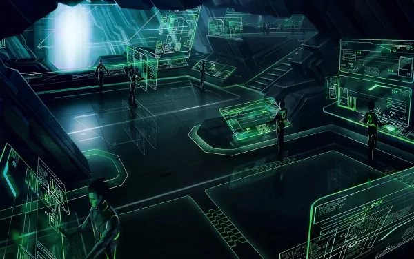 A green, futuristic sci-fi scene inspired by Tron: Evolution featuring glowing digital interfaces and figures in a high-tech video game environment, designed as an HD PC desktop wallpaper.