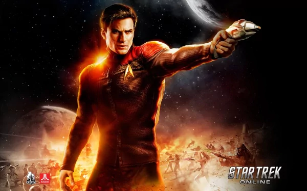 HD PC desktop wallpaper for Star Trek video game: Starfleet officer in red uniform firing a phaser against a planetary space battle — Star Trek Online branding in corner.