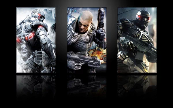 HD PC desktop wallpaper featuring three armored soldiers from the video game Crysis and Crysis 2, showcasing futuristic combat suits and weaponry.