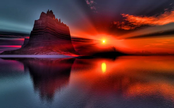 HD desktop wallpaper featuring a stunning sunset over calm water with a silhouetted, rugged landscape. The vibrant colors of the setting sun create a serene and captivating nature scene.