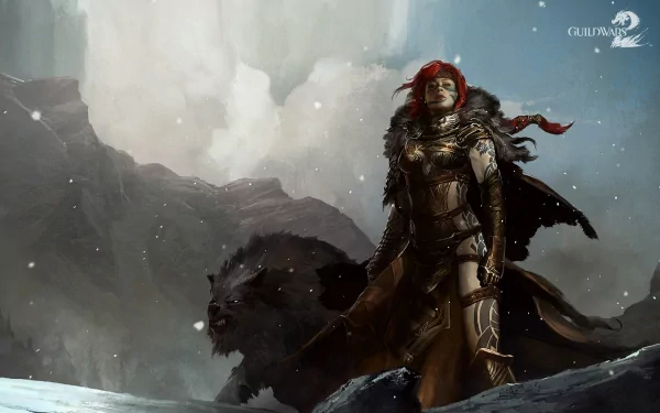 HD desktop wallpaper of a warrior woman from Guild Wars 2, standing confidently with a large dark beast against a snowy, mountainous backdrop.