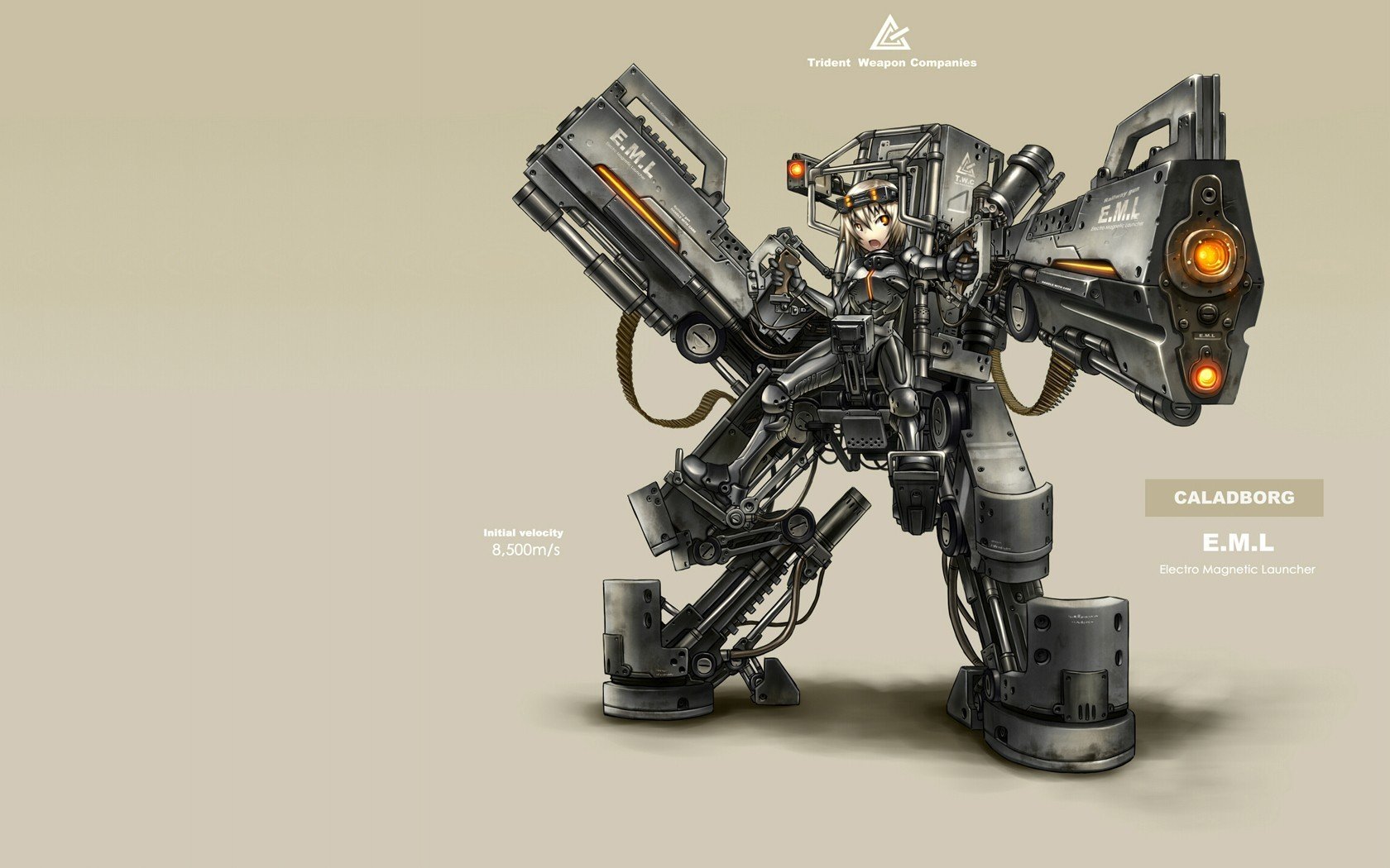 HD PC desktop wallpaper featuring a moefied robotic creature with an exoskeleton, armed with a trident and gun, inspired by Anime and Pixiv's Moefication of Chemicals.