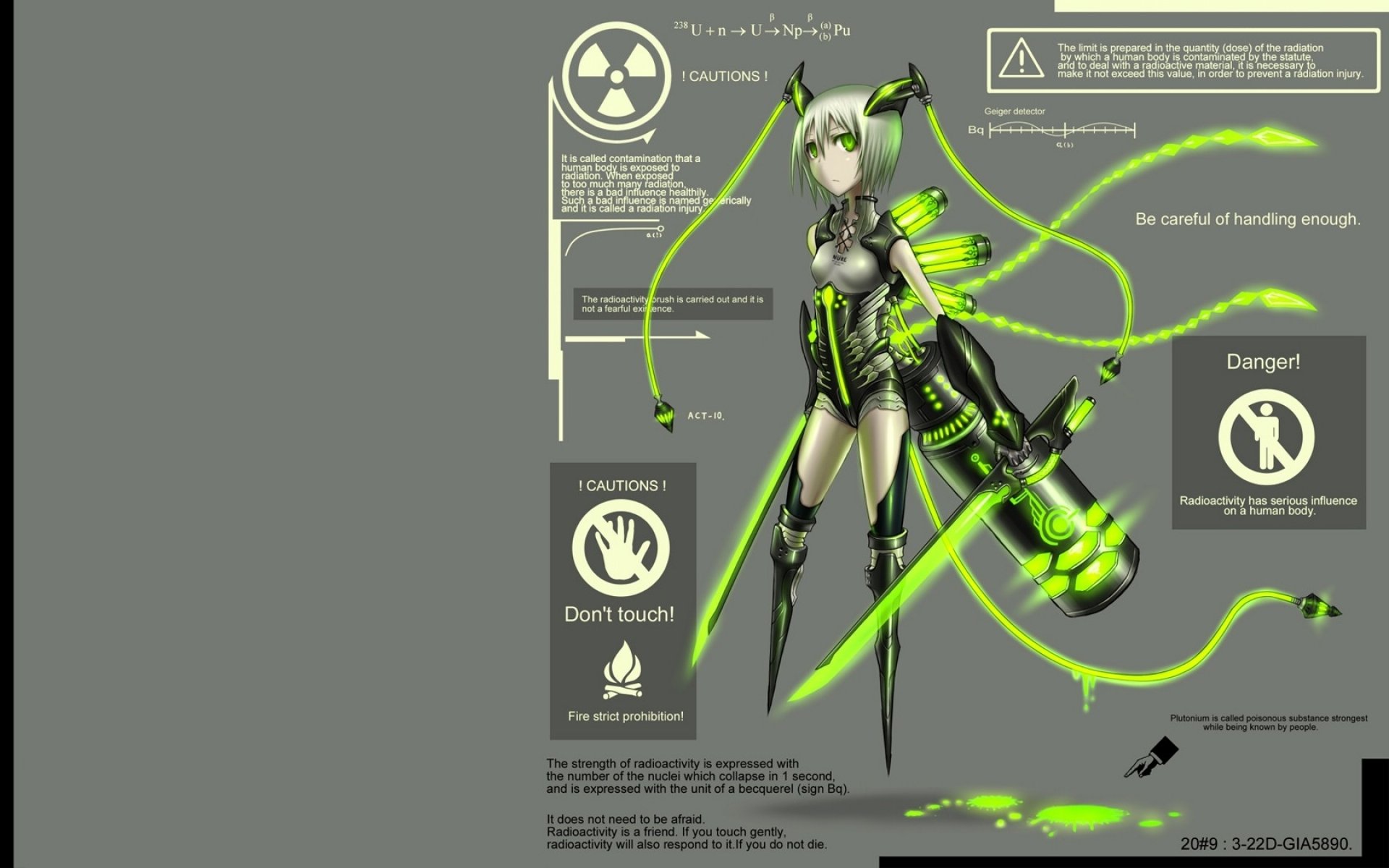 HD PC desktop wallpaper: Anime moefication of chemicals (Pixiv: Moefication Of Chemicals, GIA) — neon-green, biohazard-themed girl with glowing tubes, hazard icons and a futuristic lab suit.