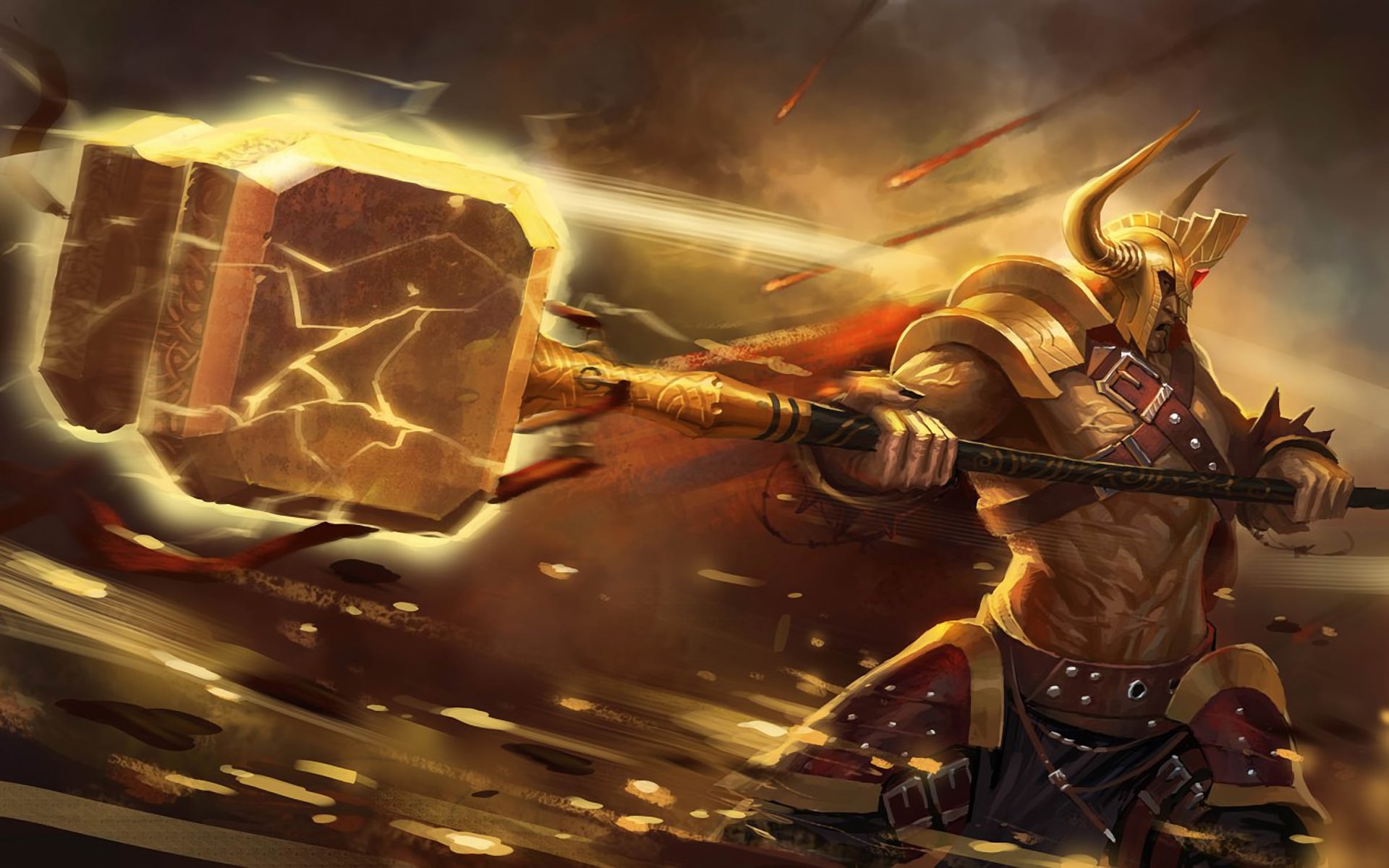 A powerful fantasy warrior wields a glowing hammer amidst a dramatic backdrop of battle, capturing the essence of epic fantasy themes in this HD wallpaper.
