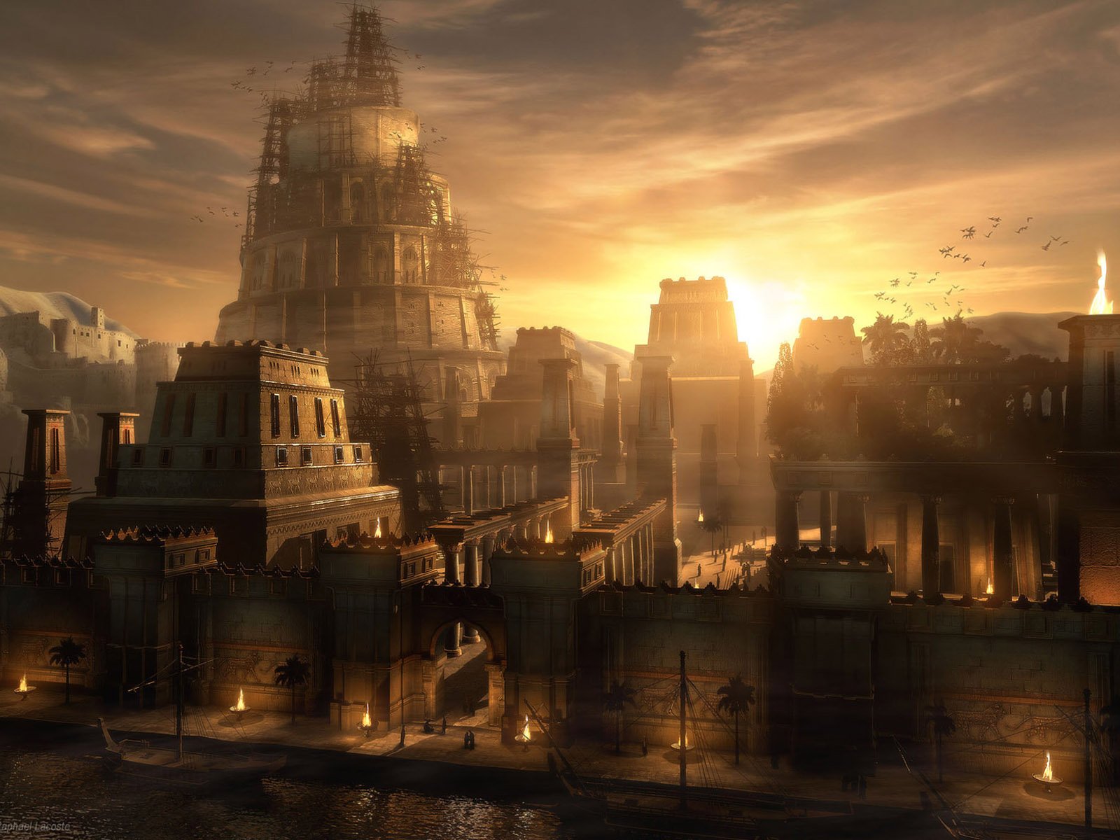 HD fantasy cityscape at sunset with towering ancient structures and glowing lights, designed as a high-quality PC desktop wallpaper and background.