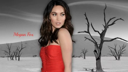 Megan Fox poses elegantly in a striking red dress against a dramatic black and white desert backdrop, creating a stunning HD wallpaper for desktop display.