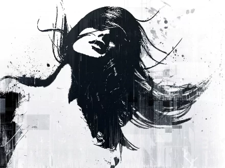 HD desktop wallpaper featuring an artistic depiction of a human face with flowing hair in a monochromatic palette, conveying a sense of movement and abstraction.