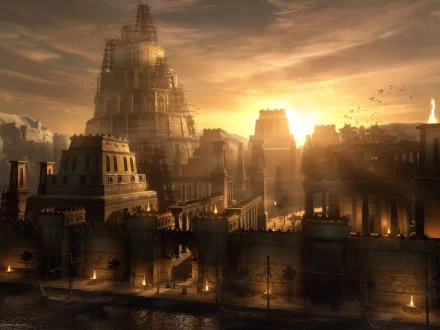 HD fantasy cityscape at sunset with towering ancient structures and glowing lights, designed as a high-quality PC desktop wallpaper and background.
