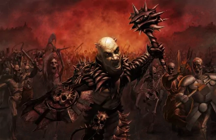HD desktop wallpaper featuring a dark warrior leading a skeletal army under a fiery red sky, exuding an intense and ominous atmosphere.