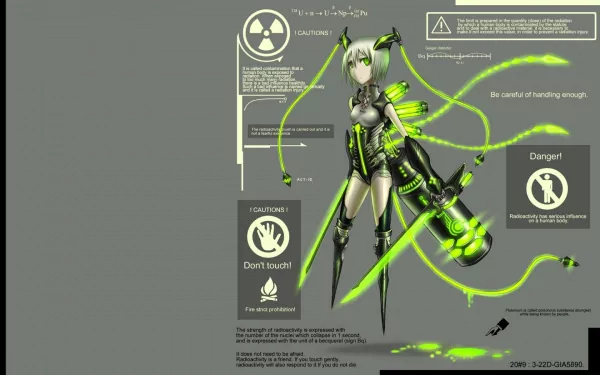 HD PC desktop wallpaper: Anime moefication of chemicals (Pixiv: Moefication Of Chemicals, GIA) — neon-green, biohazard-themed girl with glowing tubes, hazard icons and a futuristic lab suit.