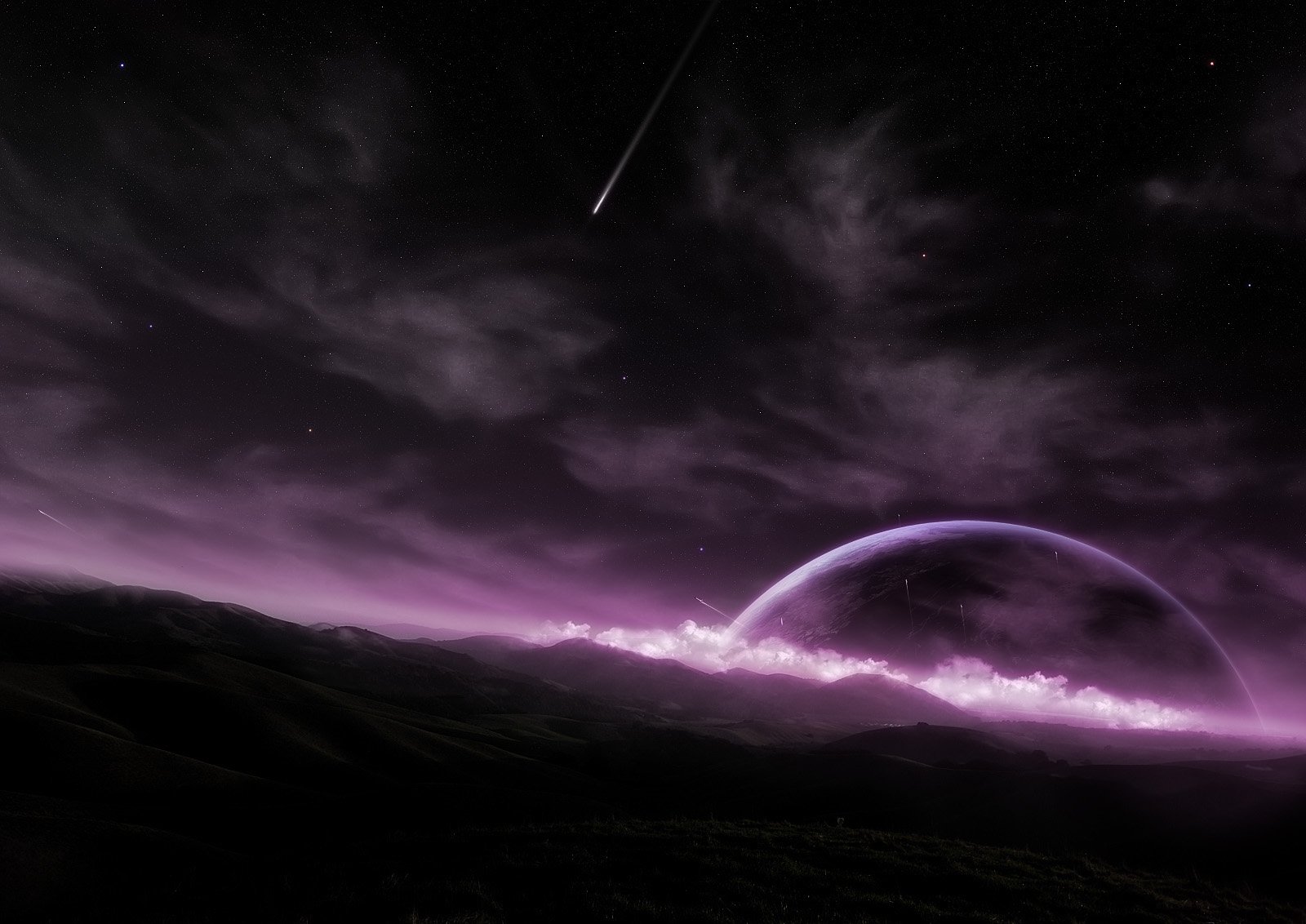 HD sci-fi desktop wallpaper showing a dramatic planet rising over a dark, cloud-filled horizon with purple hues and a shooting star in the night sky.