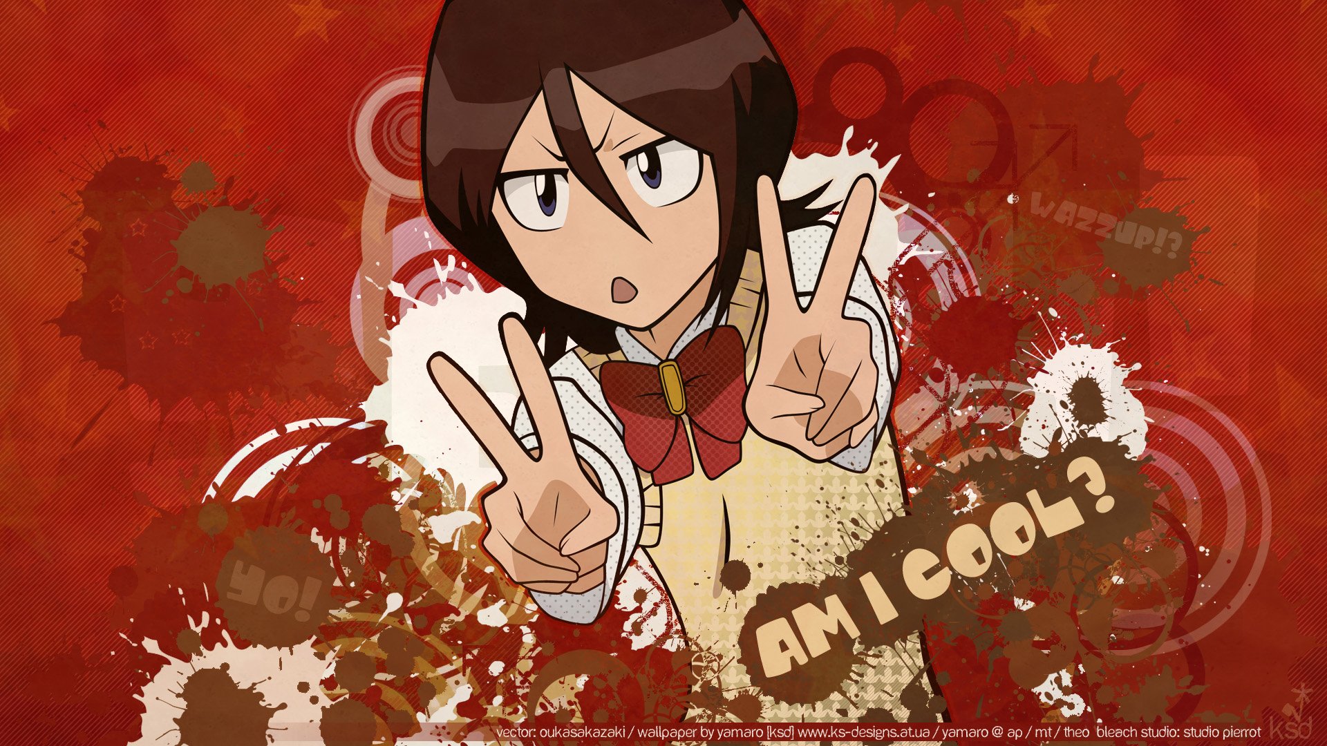 HD PC desktop wallpaper of Rukia Kuchiki from Bleach, anime-style, striking a double peace sign against a red grunge background with Am I cool? text.