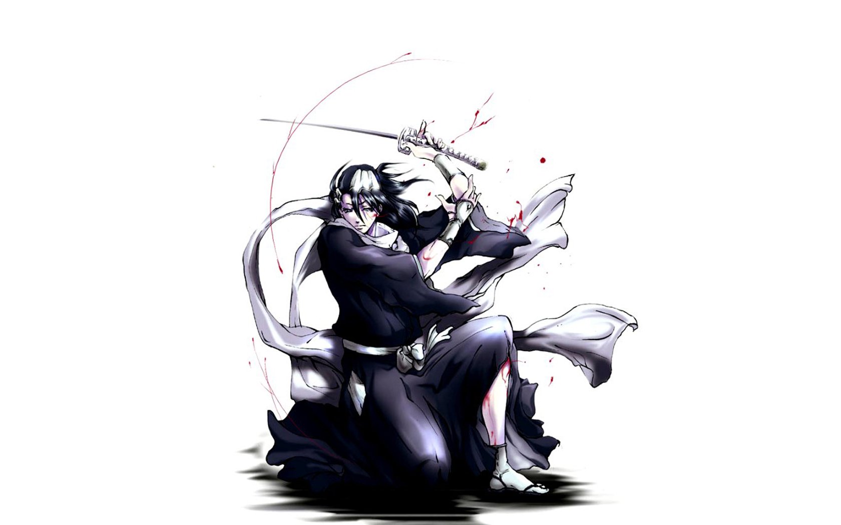 Byakuya Kuchiki (Bleach) in anime style, kneeling with flowing scarf and raised sword — HD PC desktop wallpaper/background with a minimalist white backdrop.