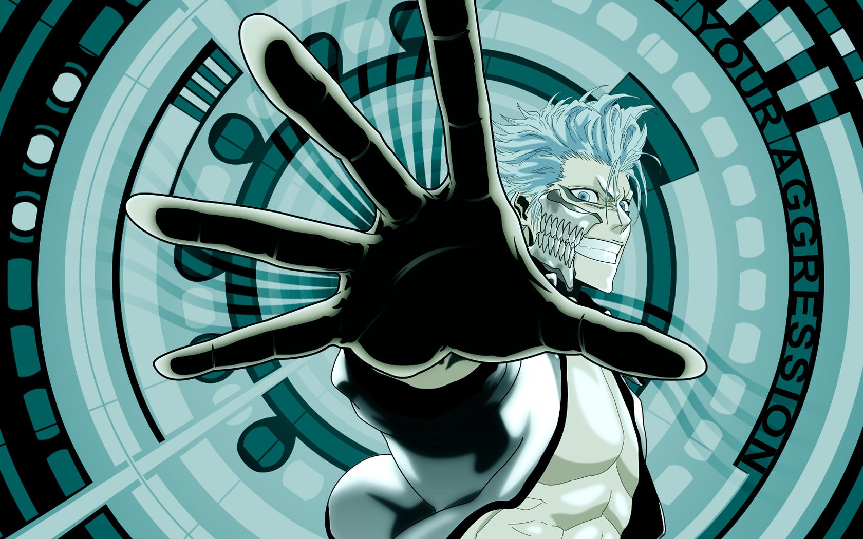 HD PC desktop wallpaper featuring Grimmjow Jaegerjaquez from the anime Bleach, with a dynamic pose and futuristic circular background design.