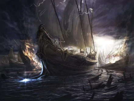 Fantasy-themed HD desktop wallpaper featuring a detailed ship sailing through dark, stormy waters with dramatic lighting and intense atmosphere.
