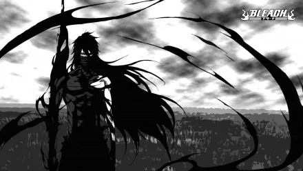 A high-definition desktop wallpaper featuring Ichigo Kurosaki from the anime Bleach in a striking black and white silhouette against a cloudy sky background.