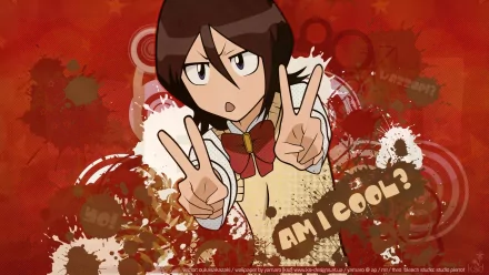 HD PC desktop wallpaper of Rukia Kuchiki from Bleach, anime-style, striking a double peace sign against a red grunge background with Am I cool? text.