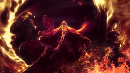 HD PC desktop wallpaper featuring Genryūsai Shigekuni Yamamoto from the anime Bleach, surrounded by intense flames and a powerful, fiery aura.