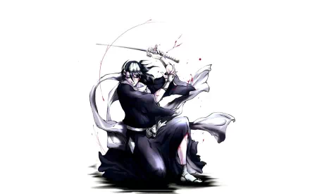 Byakuya Kuchiki (Bleach) in anime style, kneeling with flowing scarf and raised sword — HD PC desktop wallpaper/background with a minimalist white backdrop.