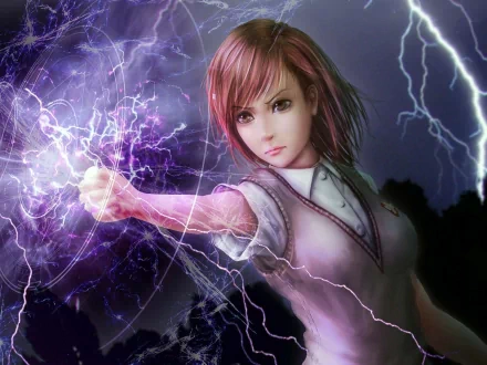 HD desktop wallpaper of a character from the anime A Certain Magical Index, featuring a girl channeling lightning from her fist with an intense expression, set against a dark, electrifying background.