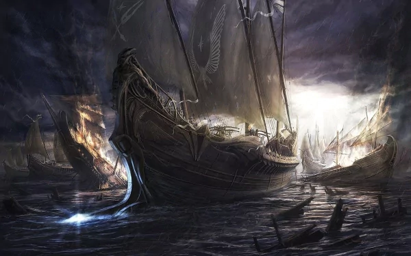 Fantasy-themed HD desktop wallpaper featuring a detailed ship sailing through dark, stormy waters with dramatic lighting and intense atmosphere.