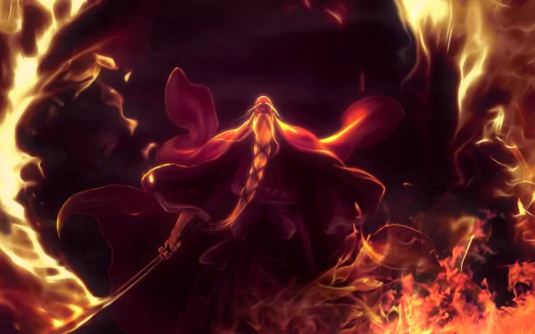 HD PC desktop wallpaper featuring Genryūsai Shigekuni Yamamoto from the anime Bleach, surrounded by intense flames and a powerful, fiery aura.