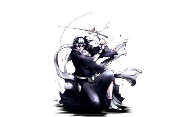 Byakuya Kuchiki (Bleach) in anime style, kneeling with flowing scarf and raised sword — HD PC desktop wallpaper/background with a minimalist white backdrop.