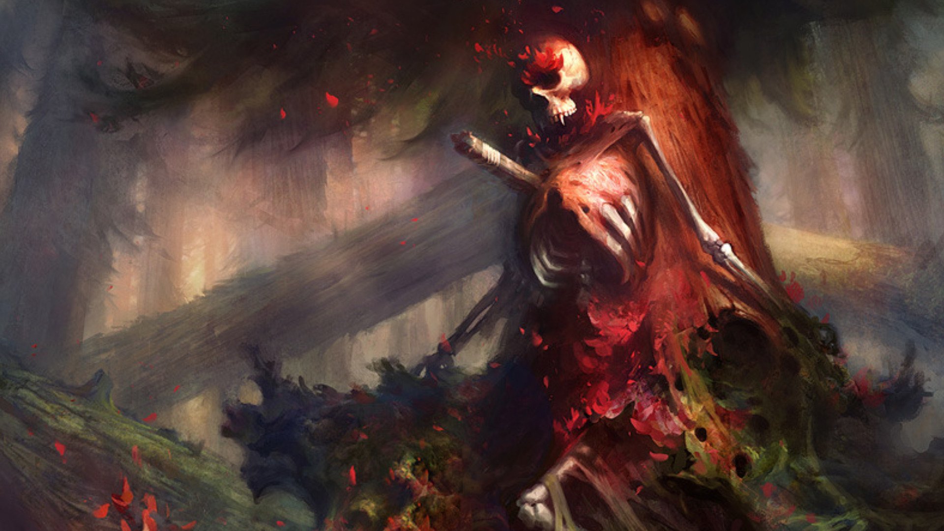 Man-made Magic: The Gathering HD PC desktop wallpaper showing a fiery skeletal warrior emerging from burning woods, dark fantasy background.