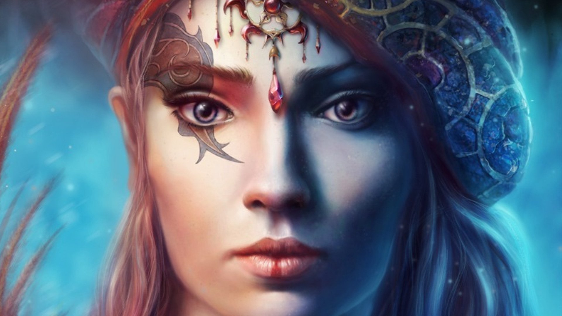 A captivating fantasy-themed HD wallpaper featuring a woman with intricate face art and vibrant colors, exuding an otherworldly presence.