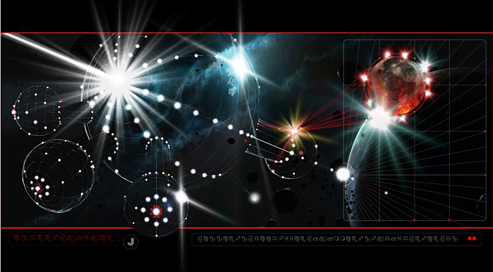 HD sci-fi artistic desktop wallpaper depicting a cosmic scene with glowing stars, planets, and intricate light patterns in a dark space background.