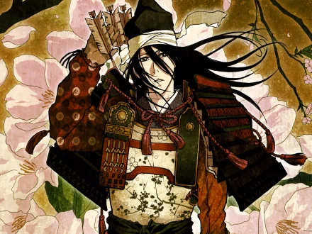 HD PC desktop wallpaper and background of Byakuya Kuchiki from the anime Bleach, depicted in ornate samurai armor with flowing black hair and sakura blossoms on a textured gold backdrop.