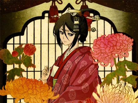 HD PC desktop wallpaper of Rukia Kuchiki from the anime Bleach, depicted in traditional attire with vibrant floral elements and an ornate background.
