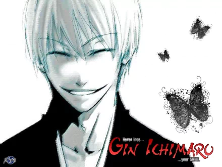 HD PC desktop wallpaper featuring Gin Ichimaru from the anime Bleach, depicted with a sly smile and surrounded by artistic black butterflies.