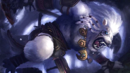 HD fantasy PC desktop wallpaper of a fierce, white, armored creature with glowing blue eyes, snarling against a dark, mystical background.