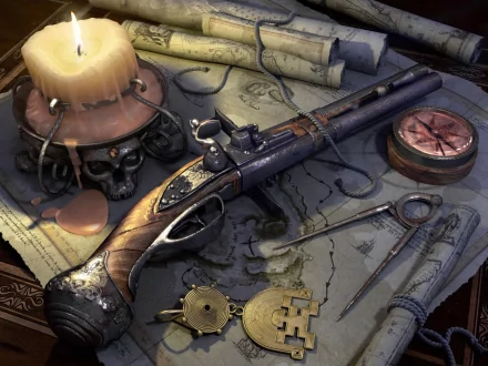 A detailed HD wallpaper featuring a pirate-themed scene with a vintage gun, skull candle, compass, and treasure map, enhancing a fantasy adventure ambiance.