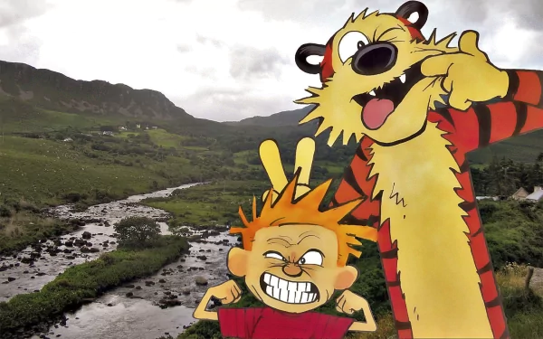 Calvin and Hobbes pose playfully against a scenic landscape, capturing the spirit of adventure and friendship from the beloved comic series. A vibrant HD wallpaper for fans.