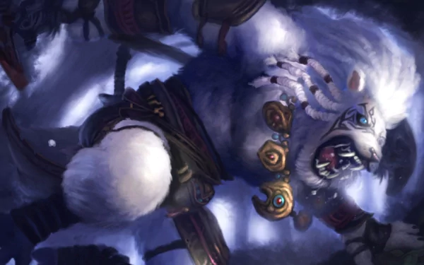 HD fantasy PC desktop wallpaper of a fierce, white, armored creature with glowing blue eyes, snarling against a dark, mystical background.