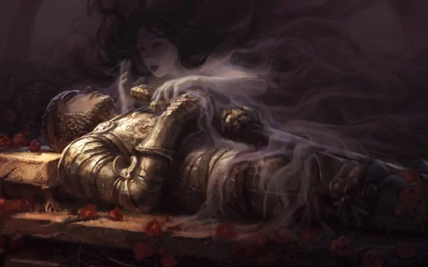 A fantasy-themed HD desktop wallpaper featuring a knight lying on a stone slab, shrouded in mist, while a ghostly figure hovers above, surrounded by scattered roses.