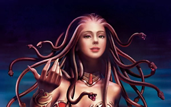 HD fantasy PC desktop wallpaper depicting a confident Medusa with glowing skin and animated snake hair against a dark, mystical background.